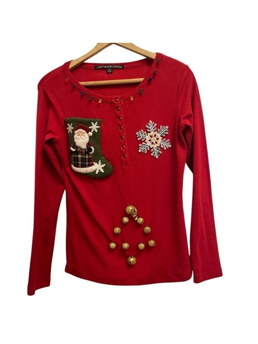 JAMES DAISY S red Christmas sweater with jingle bells lights snowflake stocking